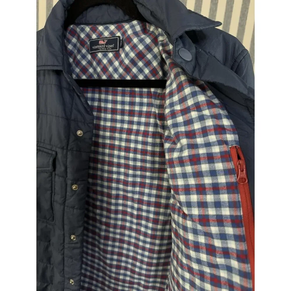 Vineyard Vines Men’s Puffer Jacket Blue Quilted Snap Close Plaid Lining Medium
